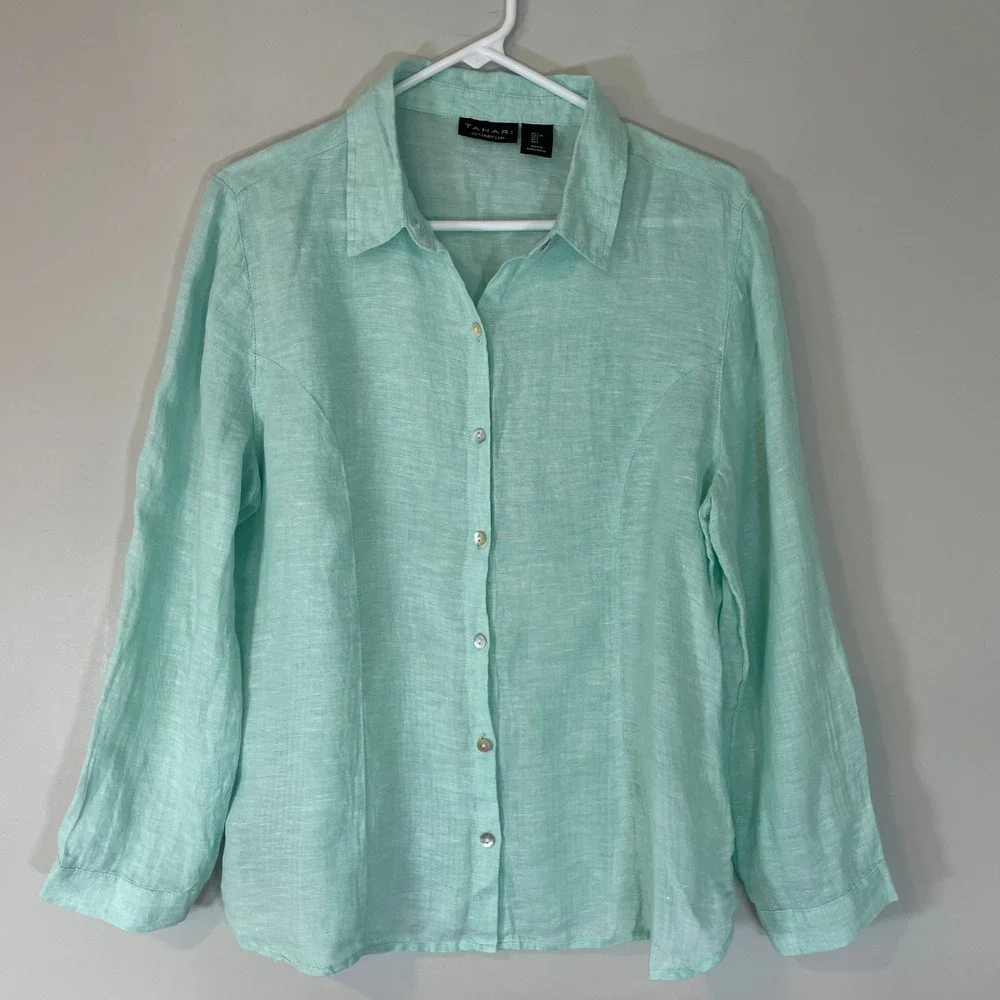 Tahari Women Turquoise Linen Button Down Long Sleeve Shirt Size L Coastal Beachy